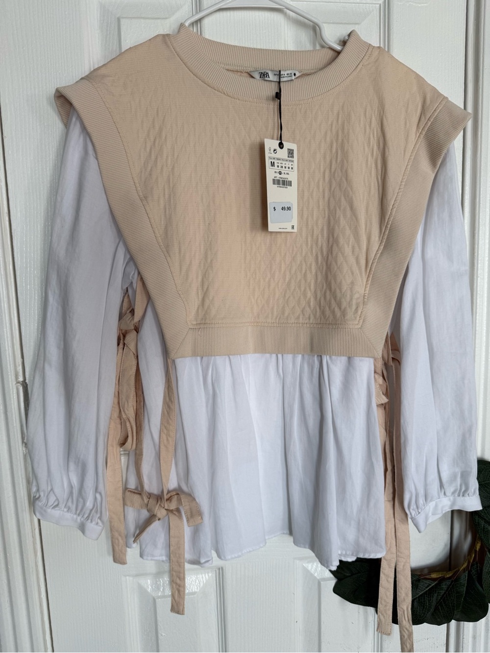 Zara Layered Beige and White Women's Tie-Side Top